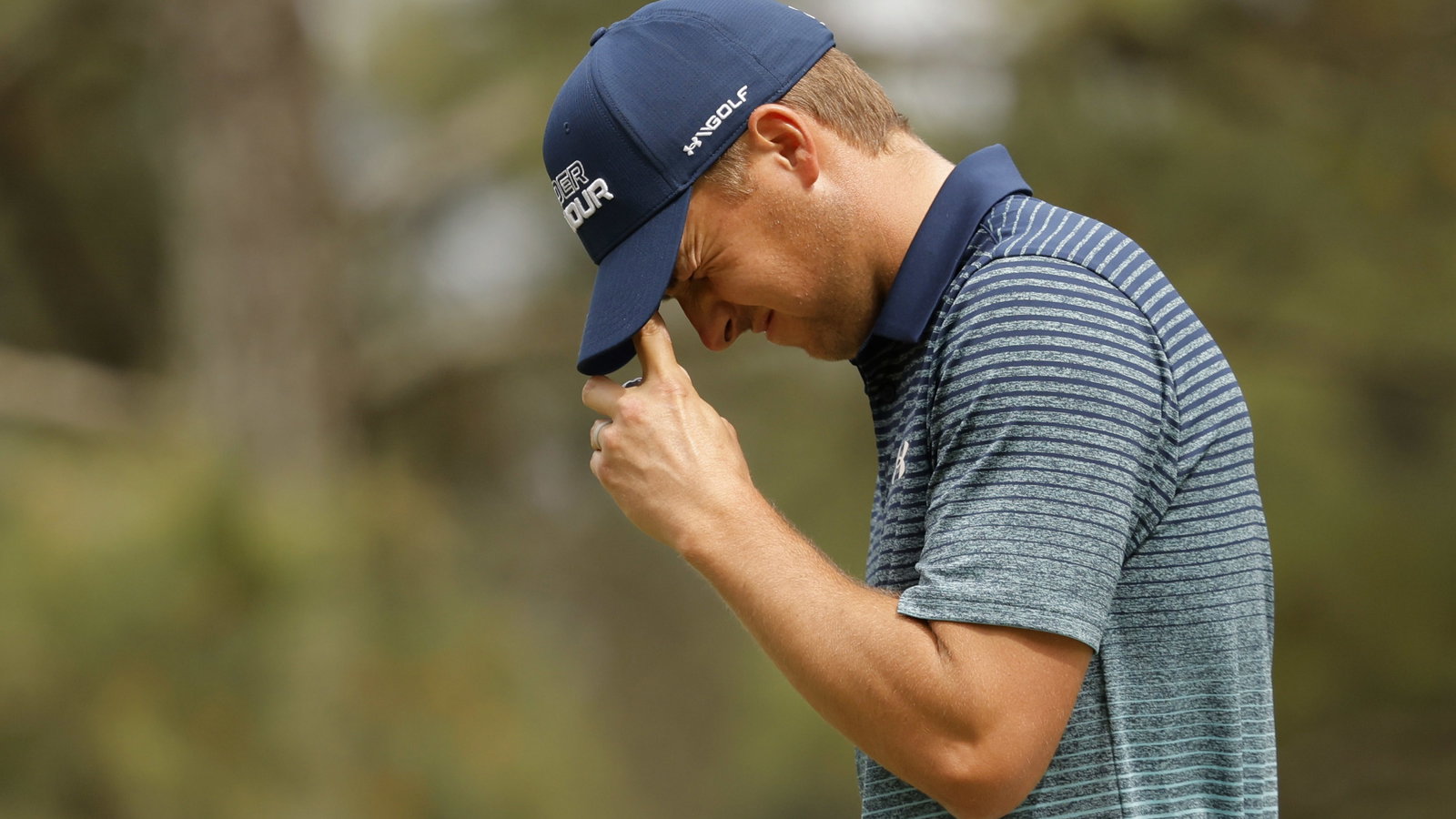 Jordan Spieth reacts to his "VERY LUCKY" eagle during Masters opening round
